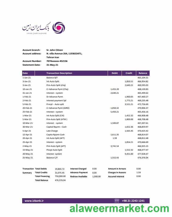 Iran Zamin Bank statement template in Excel and PDF format